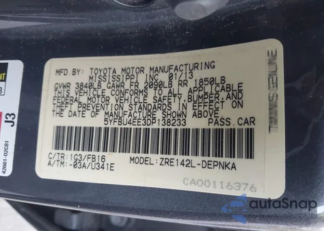 2013 Toyota Corolla Base из США, поврежденный, VIN 5YFBU4EE3DP138233